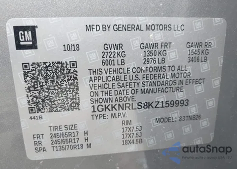 2019 GMC Acadia Sle-1 z USA, uszkodzony, nr VIN 1GKKNRLS8KZ159993